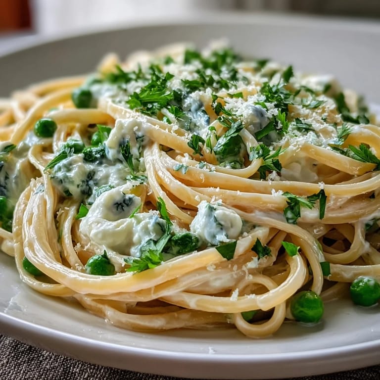 Bright spring pasta tossed with lemon zest, sweet peas, and smooth ricotta cheese for a fresh and satisfying meal.