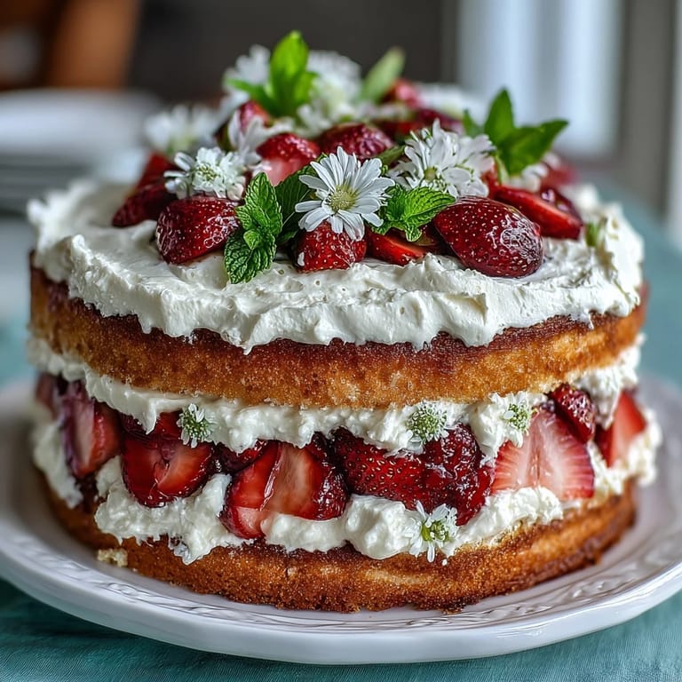 Naked strawberry cream cake with fresh berries and fluffy whipped topping, ideal for Easter or brunch.