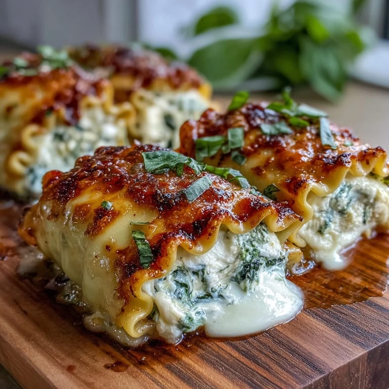 Freshly baked Garlic Butter Lasagna Roll-Ups on a white plate, garnished with chopped parsley and a side of marinara.