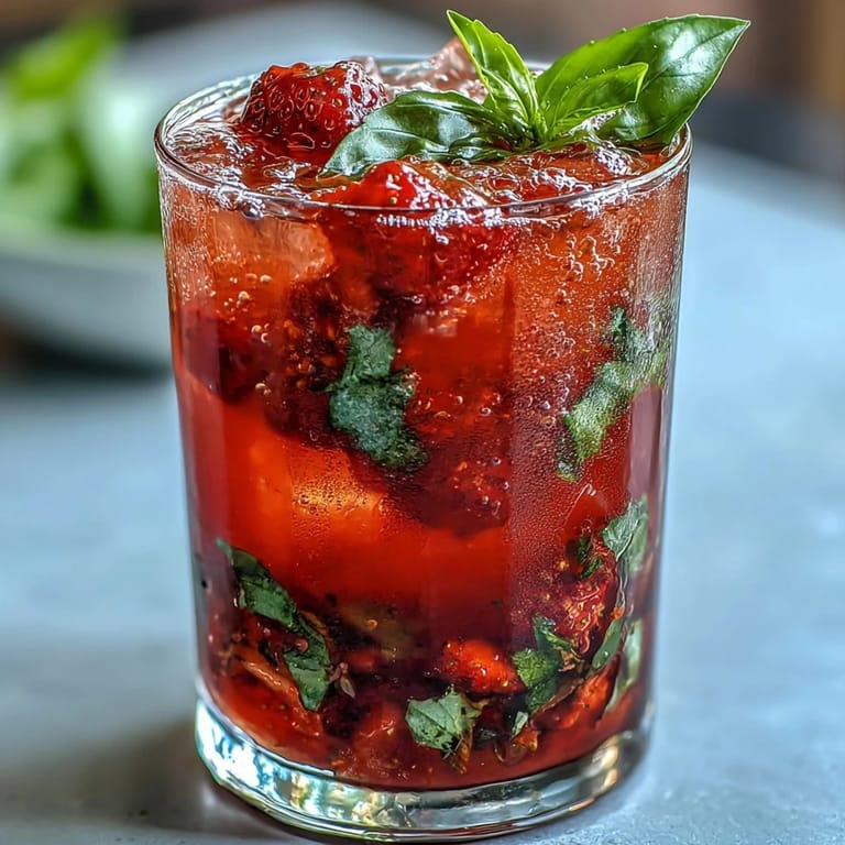 A beautiful glass of Strawberry Basil Mocktail, garnished with basil and ready to enjoy.