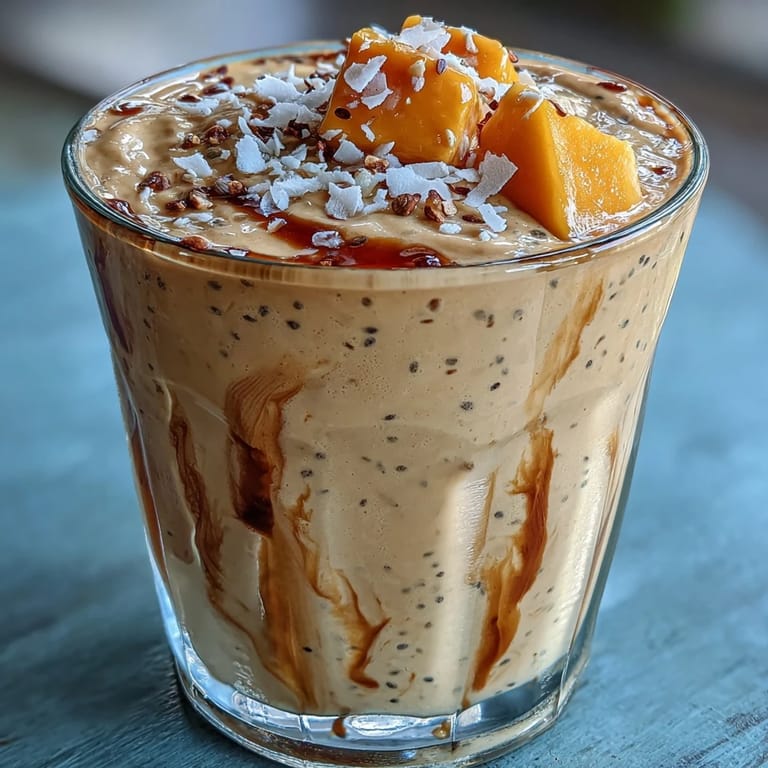 Creamy tropical smoothie blending ripe mango, rich coconut milk, and nutrient-packed chia seeds for a refreshing vegan treat.