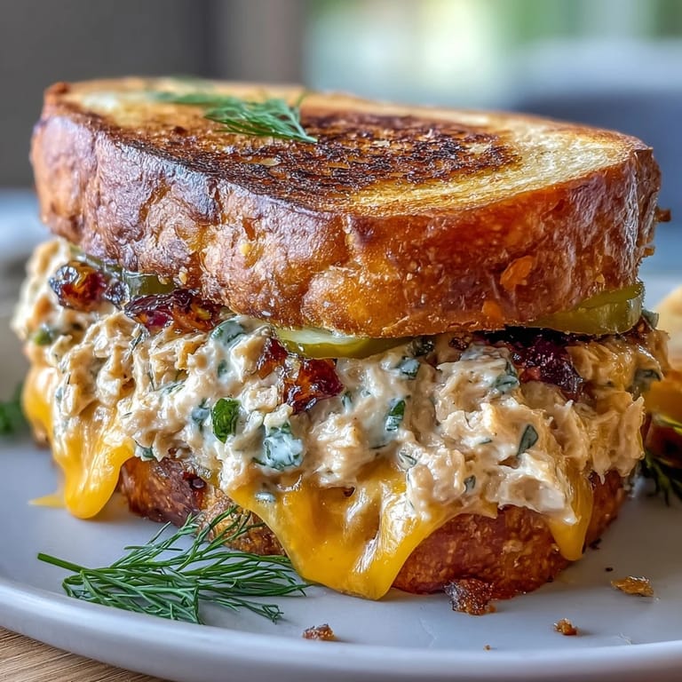 Close-up of a pan-fried tuna melt with pickles, toasted to perfection.