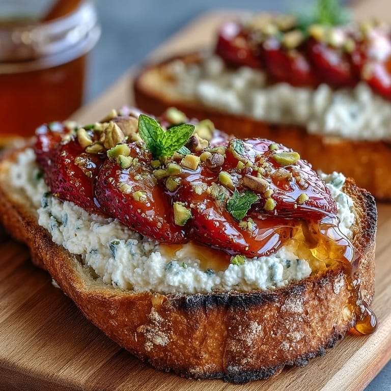 Golden toast topped with luscious ricotta, strawberries, honey, and chopped pistachios.