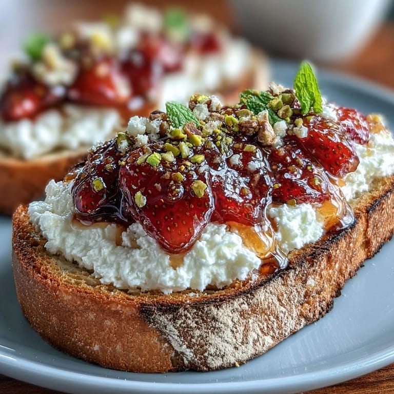 Sweet honey drizzles over fresh strawberries on ricotta toast with crunchy pistachios.