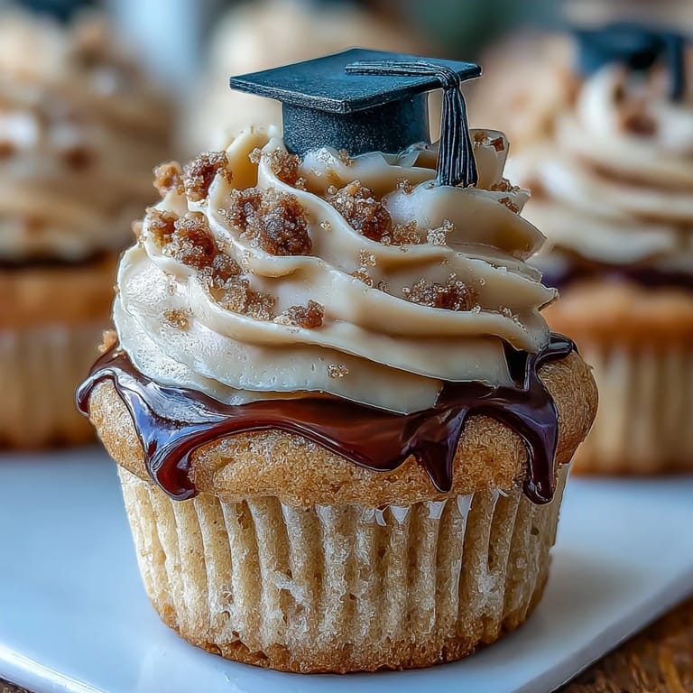 Decadent Graduation Cupcakes adorned with handmade black and gold edible graduation caps.
