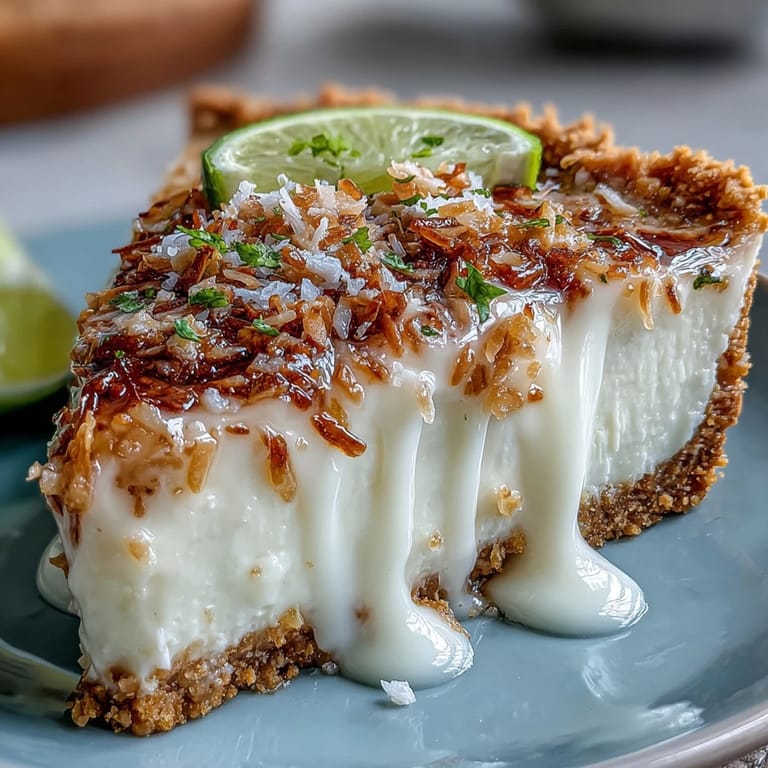 Close-up of a refreshing coconut lime tart garnished with whipped cream and coconut flakes.