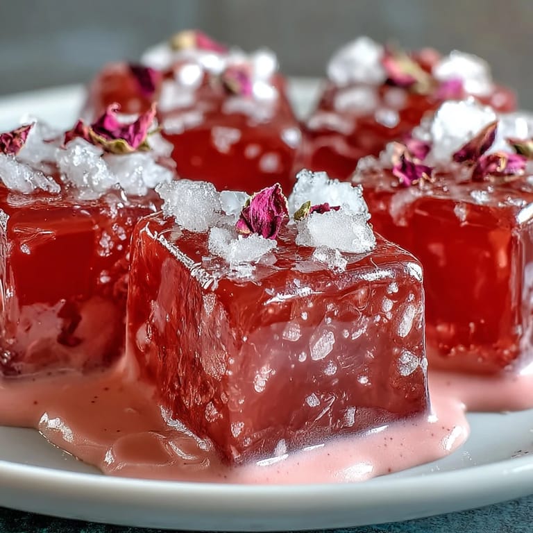Beautifully chilled Strawberry Rose Gelatin Mosaic Cake artfully unmolded and ready to serve.