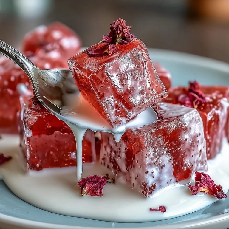 Vibrant Strawberry Rose Gelatin Mosaic Cake, showcasing colorful fruit cubes nestled in cream.