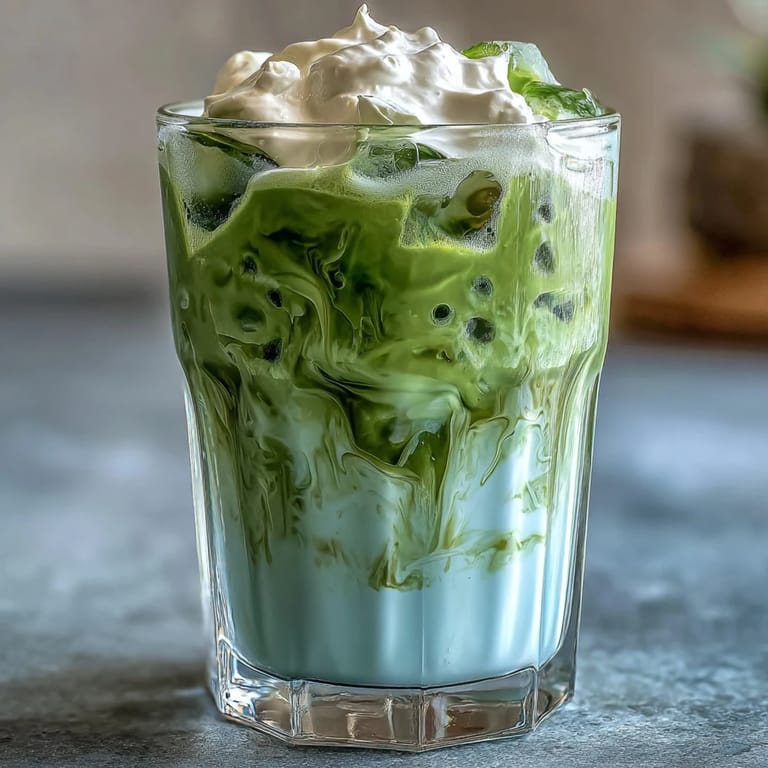 Visually stunning iced matcha latte topped with sweet vanilla cold foam for Mother's Day.