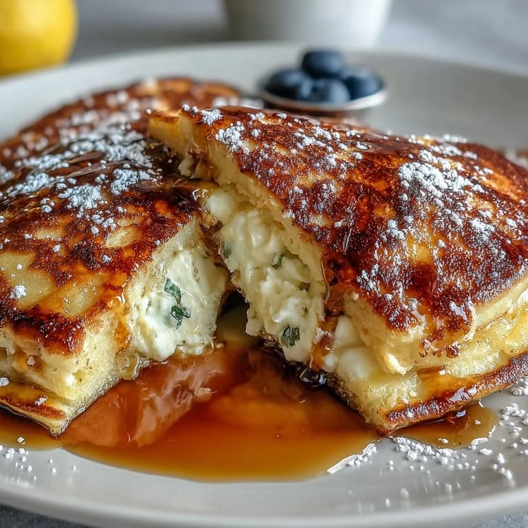 Stack of extra-thick lemon ricotta pancakes served warm, drizzled with maple syrup and garnished with lemon zest.  