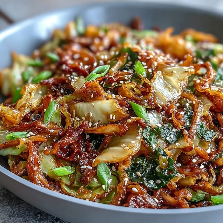 Close-up of spicy cabbage stir fry, showcasing tender greens and toasted sesame seeds.