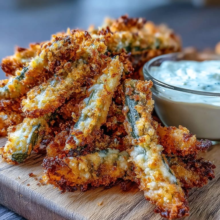 Golden brown, tangy Pickle Fries, perfectly air-fried, served with a spicy kick.
