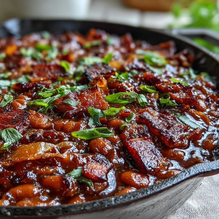 Savory, slow-cooked Juneteenth BBQ baked beans glistening with delicious, sticky molasses.