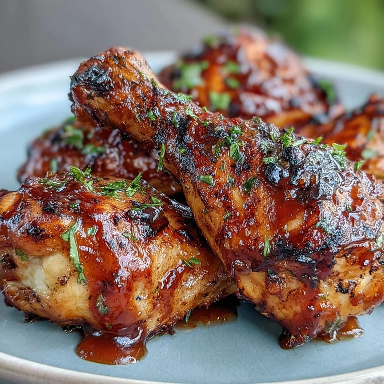 Sweet and tangy BBQ chicken drumsticks, brushed with sticky peach glaze.