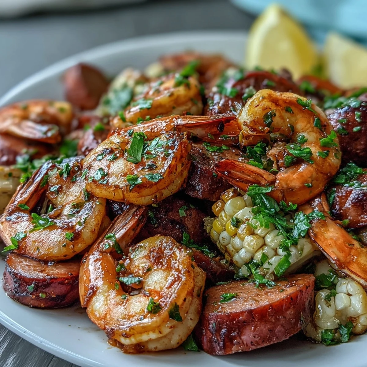 A steaming pot of Cajun shrimp and sausage boil, filled with tender potatoes, corn, and onions, seasoned with bold spices.