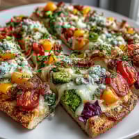 St. Patricks Day Rainbow Veggie Flatbread Pizza with vibrant fresh vegetables arranged in a colorful rainbow pattern, topped with melted mozzarella and Parmesan cheese.