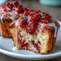 Fluffy strawberry muffins with fresh berries and a zesty lemon glaze, perfect for a sweet breakfast or snack.  