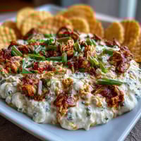 Creamy High-Protein Cottage Cheese Buffalo Chicken Dip with shredded chicken and spicy Buffalo sauce, topped with cheddar and green onions.