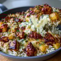 Savory pineapple chicken casserole with golden cheese topping, tender rice, and juicy fruit in a comforting baked dish.