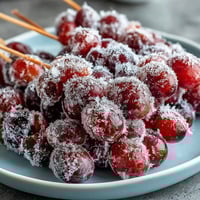 Frozen Grape Skewers with Lime Sugar: juicy grapes coated in zesty lime sugar, frozen for a crisp, refreshing summer snack.  