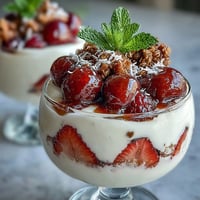 Mothers Day Brunch Yogurt Parfait Bar with Fresh Berries in clear glass cups, vibrant layers of creamy yogurt and colorful berries topped with crunchy granola and coconut flakes.
