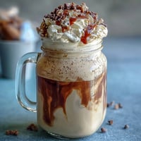 Vanilla Bean Frappuccino Overnight Oats Jar with creamy layers of coffee and vanilla, topped with whipped cream and chocolate chips.