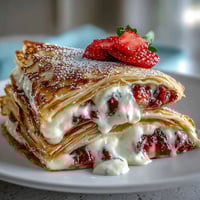 Layered strawberry crepe cake with fresh berries and vanilla cream, perfect for a festive brunch or dessert celebration.