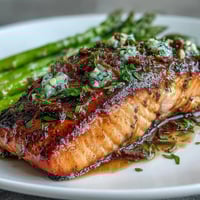 Succulent salmon fillets seared golden in garlic butter, served with crisp asparagus spears and fresh lemon slices for a bright, elegant dinner.