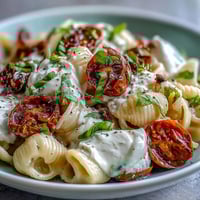 Caprese pasta with burrata cheese, creamy burrata melting over fresh basil and cherry tomatoes, a vibrant summer pasta dish.  