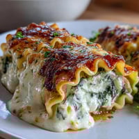 Golden-brown Garlic Butter Lasagna Roll-Ups, bubbling with mozzarella and Parmesan, served on a rustic plate with fresh parsley.