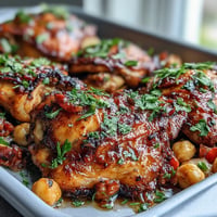 Vibrant harissa chicken traybake with roasted chickpeas and colorful bell peppers, perfect for a spicy weeknight dinner.