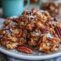 Golden homemade granola clusters piled high, boasting crunchy oats and nuts.
