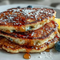 Fluffy lemon ricotta pancakes with golden edges, topped with fresh berries and a dusting of powdered sugar.  